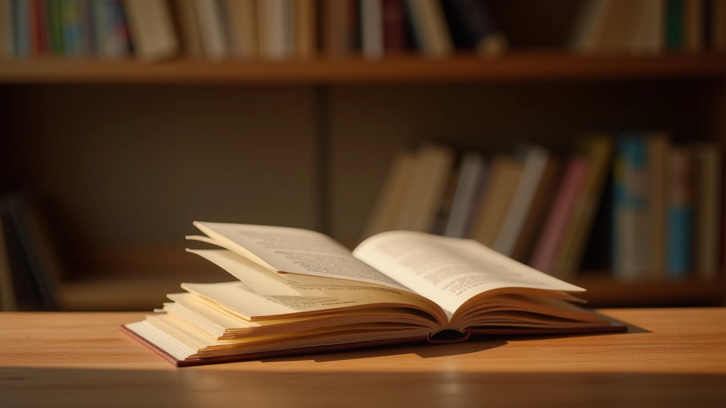 Două cărți stivuite pe o masă de lemn, în lumina caldă a bibliotecii, ochelari lângă