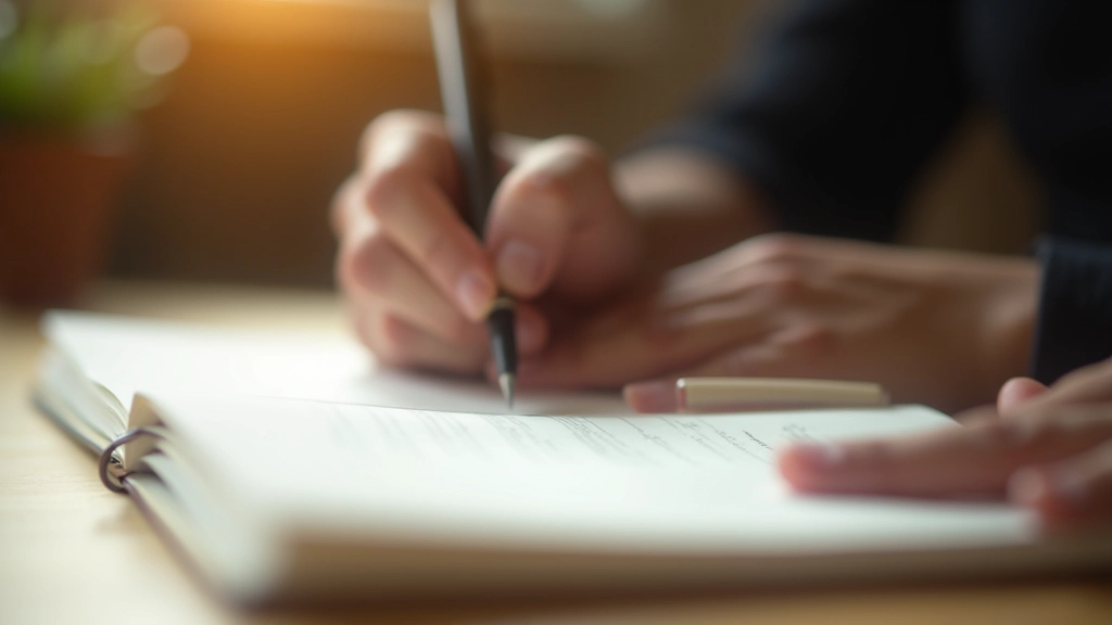 Mână care ține pix negru deasupra paginilor jurnal gol, scriind cuvinte pe hârtie albă