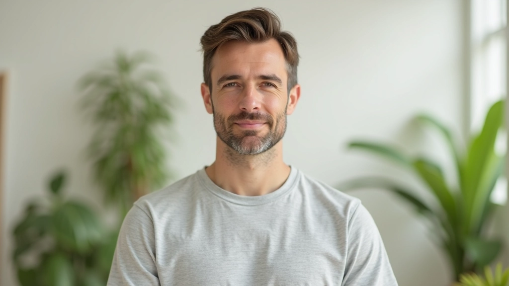 Persoană meditând în poziție liniștit într-un spațiu luminos cu plante verzi