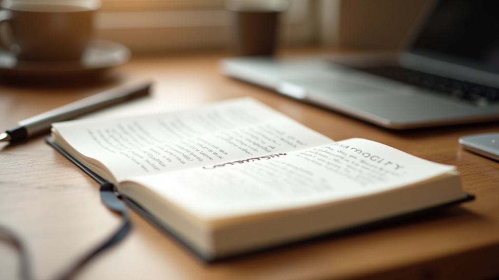 Jurnal deschis pe birou cu text scris, pix pe pagină și o ceașcă de cafea lângă