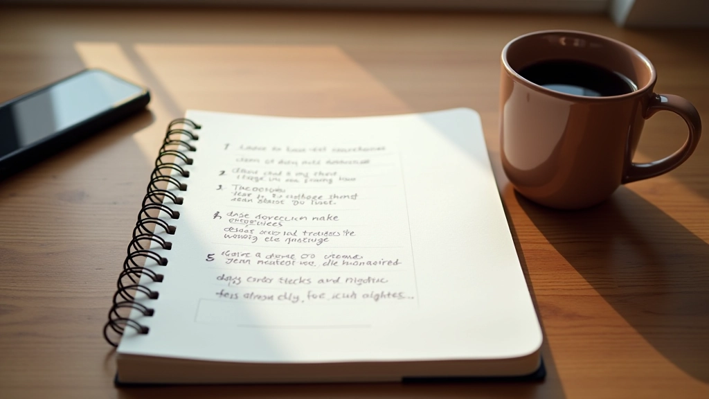 Notebook deschis pe birou cu scrisul de mână, ceașcă de cafea și telefon lângă