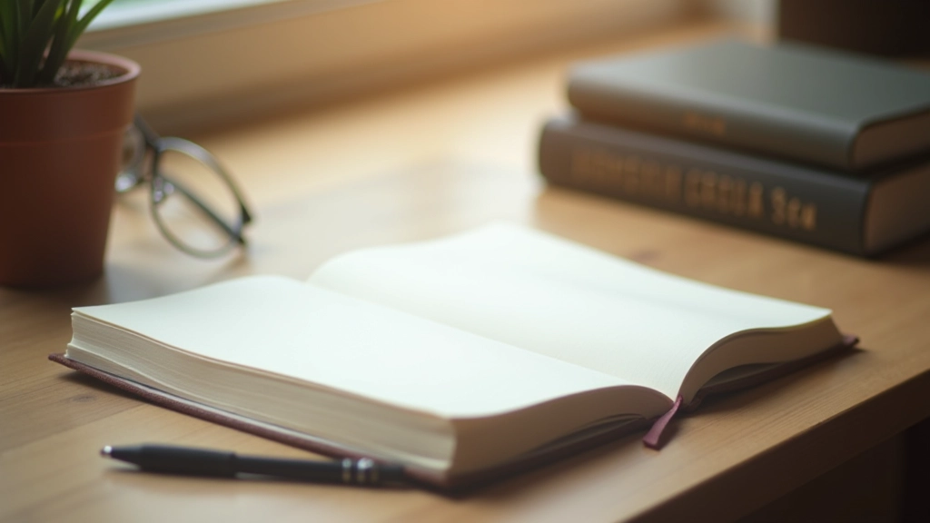 Jurnal deschis pe masă cu pix, cărți de dezvoltare personală stivuite lângă, spațiu de lucru curat și organizat cu lumină naturală