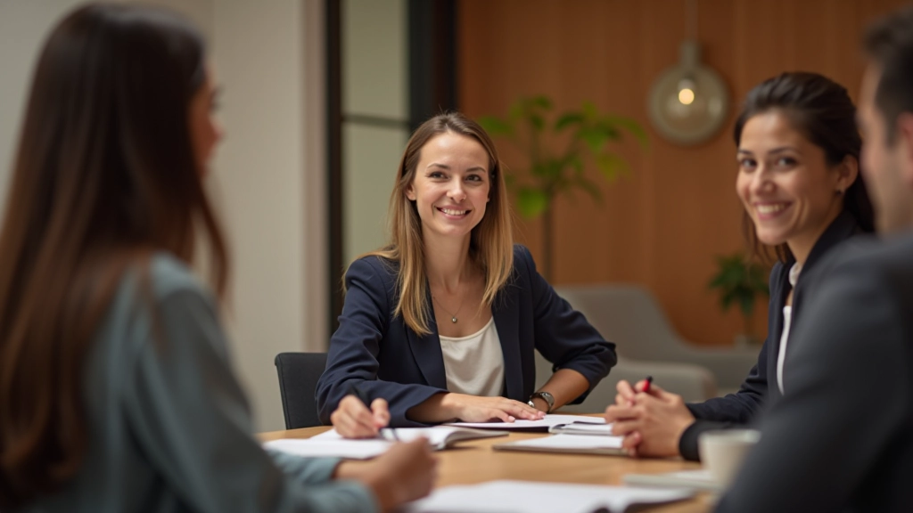 Grup de persoane care colaborează cu expresii pozitive, în spațiu cald și deschis, reprezentând conexiune și înțelegere mutuală