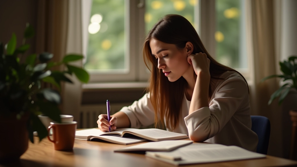 Persoană care scrie într-un jurnal în lumina naturală, birou curat cu cărți și ochelari