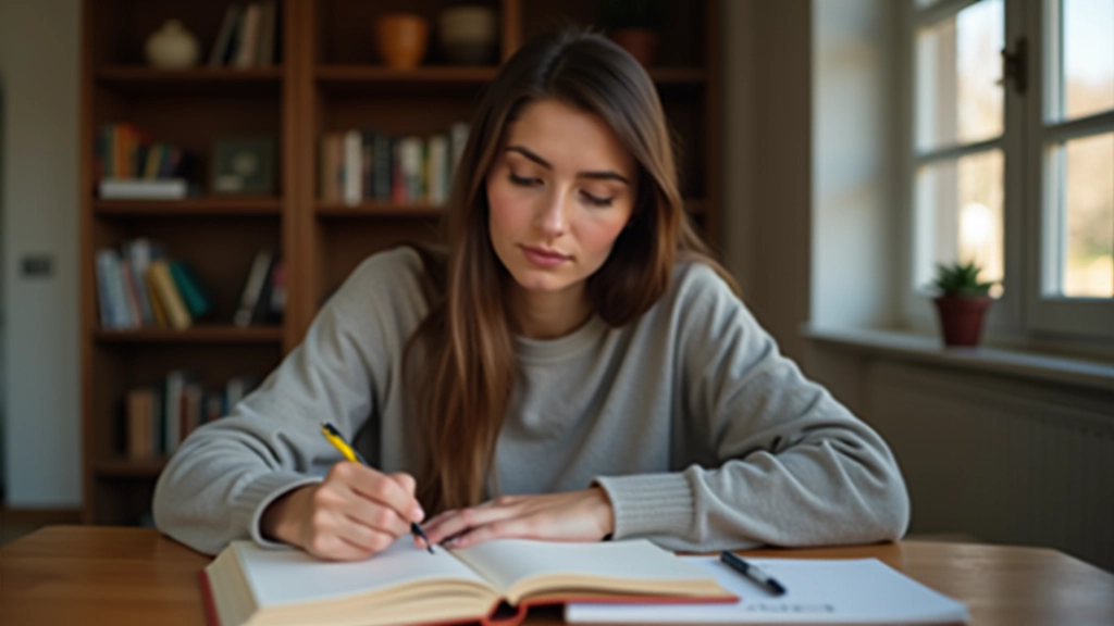 O persoană care scrie într-un jurnal, reflectând asupra credințelor sale și setând intenții de schimbare