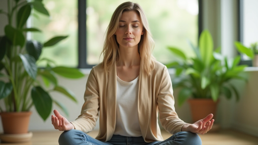 Persoană într-o stare de meditație și reflecție liniștă, în spațiu luminos cu plante verzi și lumină naturală