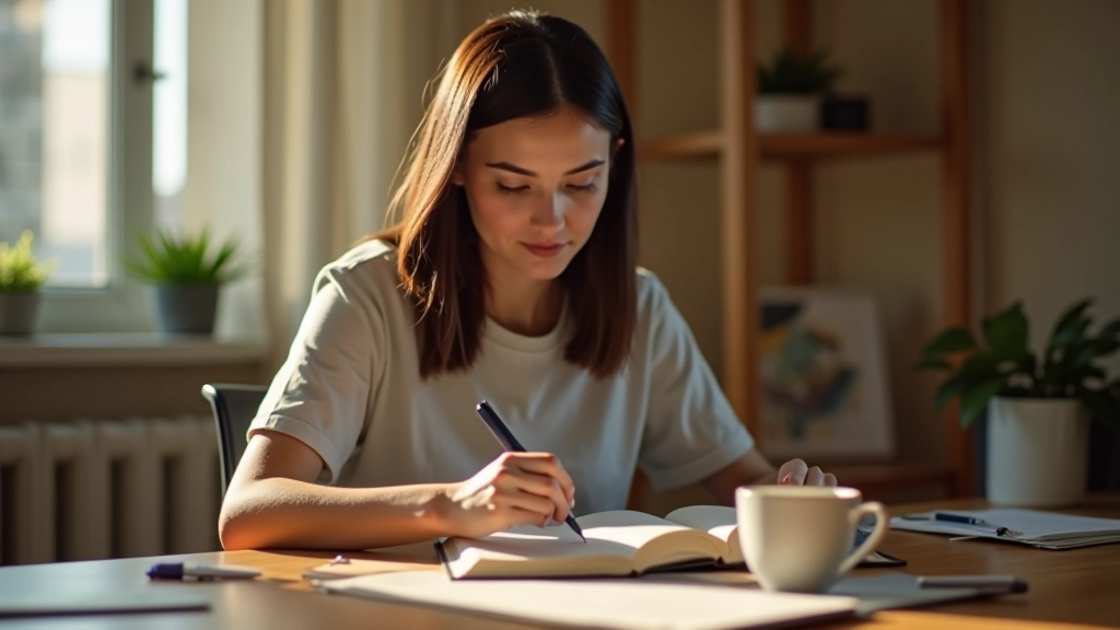 Persoană care planifică și organizează pe un caiet, cu ceai lângă ei, în spațiu organizat și linistit care sugereaza calitate și intenție