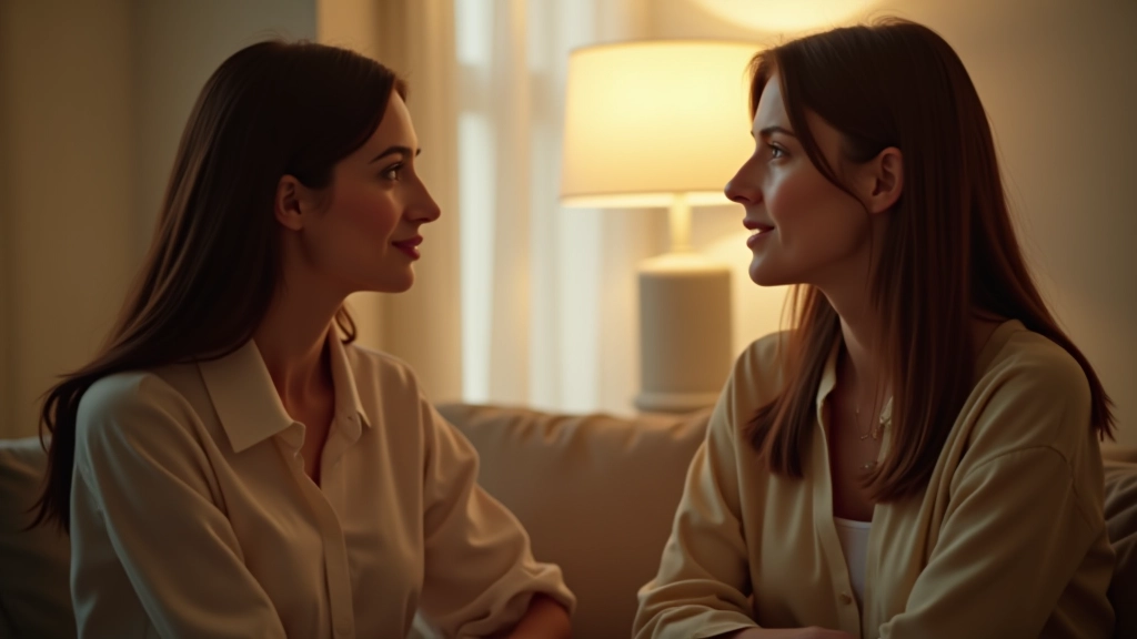 Două persoane care conversează într-un spațiu confortabil, cu expresii de înțelegere și empatia vizibilă pe fețele lor