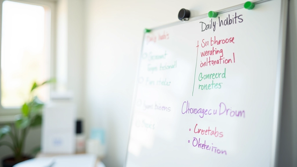 Obiective și priorități scrise pe tablă magnetică cu cuvinte cheie evidențiate