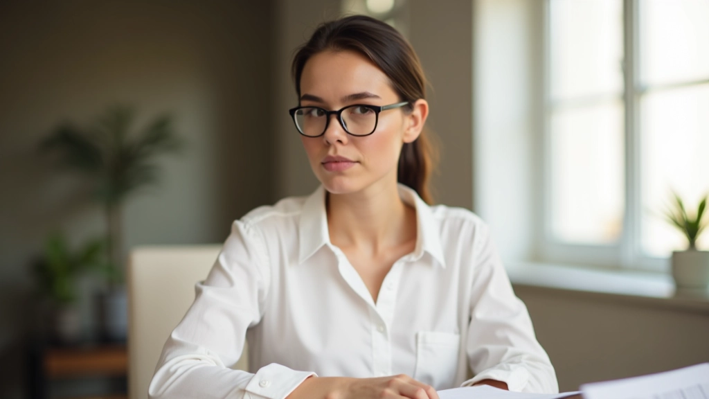 Persoană care se gândește la birou, cu jurnal în fața ei și privire concentrată