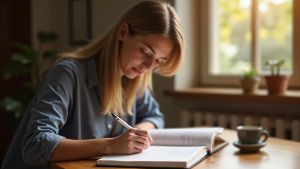 Femeie care scrie în jurnal cu concentrație pe o masă de lemn, lumină naturală, spațiu liniștit și inspirator