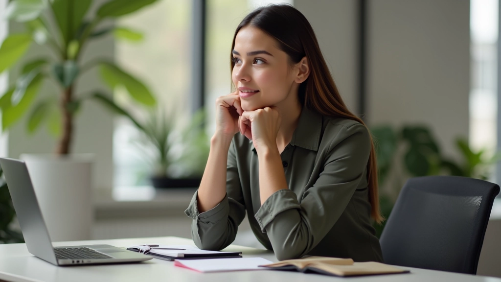 Femeie reflectând la birou